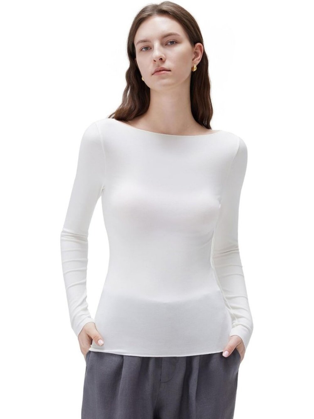 Soft Cashmere Boat Neck Long Sleeve Top | Fitted Basic Knit Shirt for Women